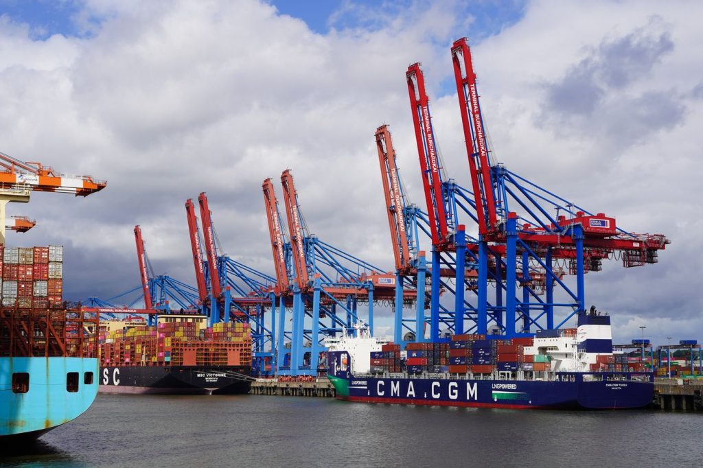 Two container ships alongside a quay with a row of gantry cranes working over them.